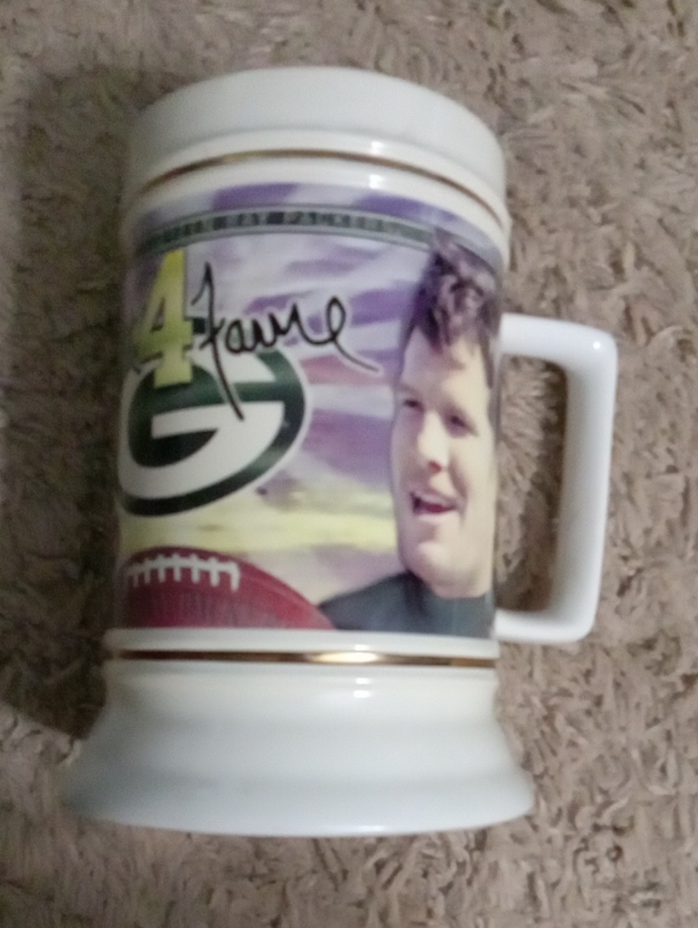 NFL Green Bay Packer Favre White Ceramic Mug with Green and Gold Accents